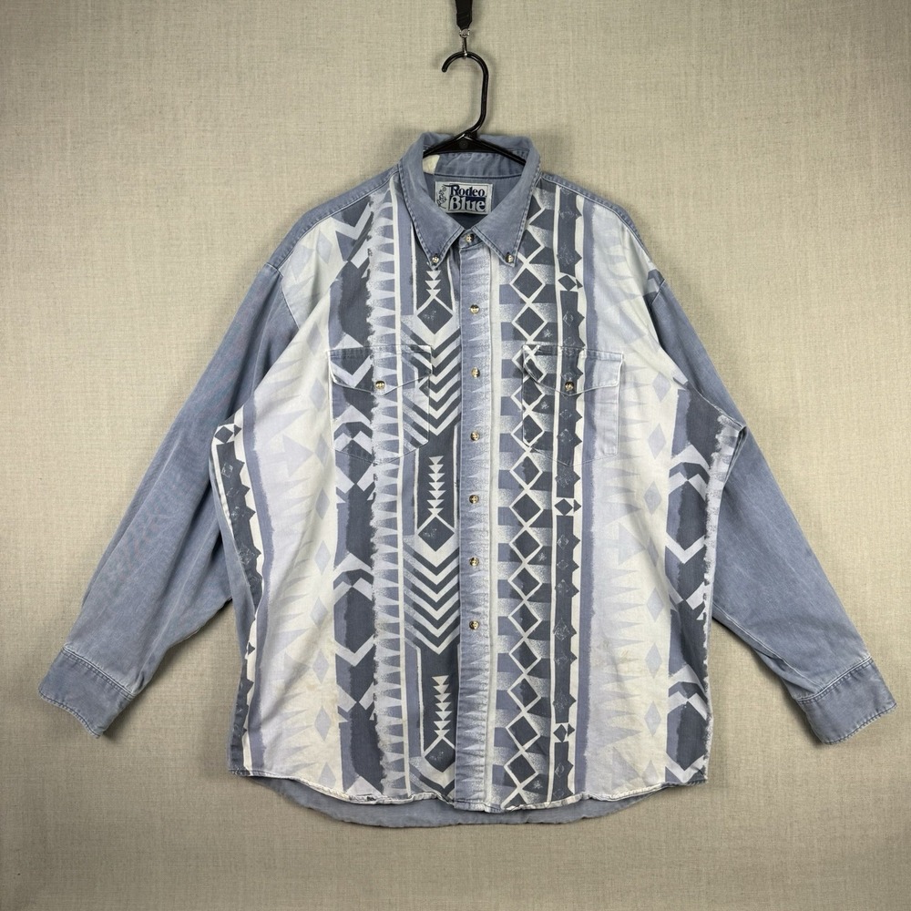 Roper Shirt Mens XXL Western Blue Aztec Vintage Made USA Cotton Denim 80s 90s